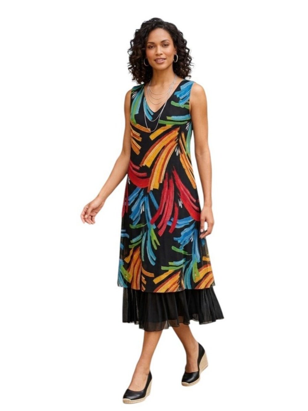 KOZAN Women's Size XL Black Multicolor Abstract Double-Layer Midi Dress Sleevele